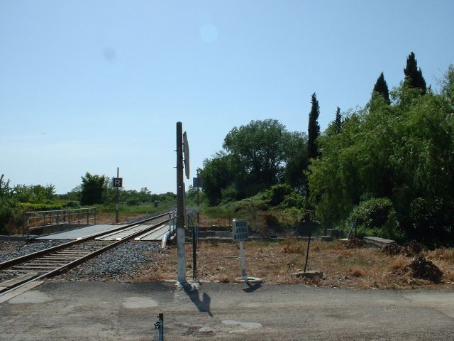 La ligne rejoint celle de N�mes - Le Grau-du-Roi au niveau de la gare d�Aimargues
La ligne arrivait à droite de la photo où l�on aperçoit les cul�es du pont dont le tablier a disparu. La photo est prise en direction de Lunel.

Mai 2002
