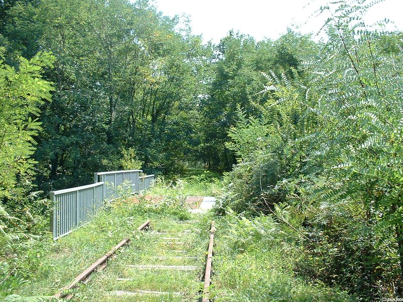 Pont supr�rieur fanchissant la D142
Les rails ont �t� enlev�s sur le pont.

Vue en direction de Coutras
Septembre 2004
