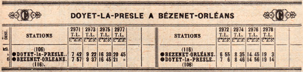 Doyet-la-Presle - Bézenet-Orléans : horaires d'hiver 1923